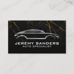 Cartão De Visita Logotipo automático prata Fundo do mármore preto