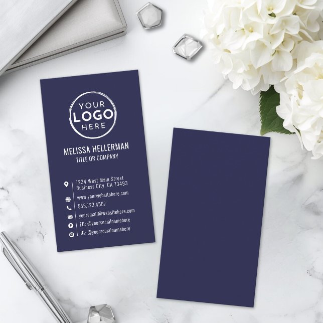 Cartão De Visita Logotipo Azul-Marinho Minimalista Moderno Vertical (Navy Blue Logo Minimal Modern Vertical Business Card )