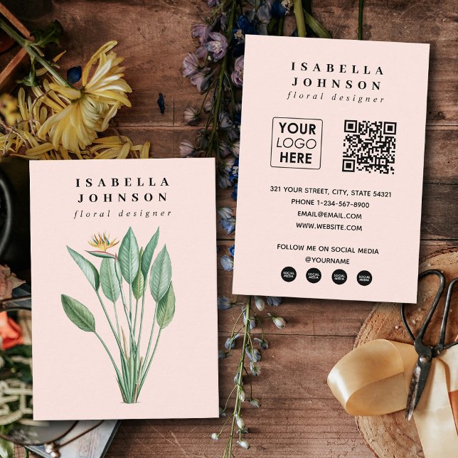 Cartão De Visita Logotipo Botânico Moderno - Código QR Rosa - Códig (Modern Botanical Logo Pink QR Code Social Media Business Card)