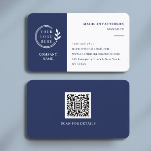 Cartão De Visita Logotipo branco azul Código QR Minimalista Moderno