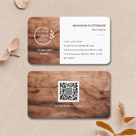 Cartão De Visita Logotipo branco da madeira Código QR Minimalista d