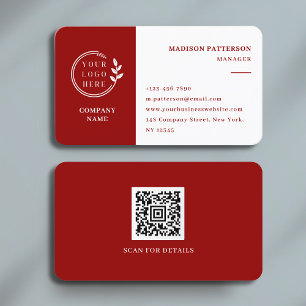 Cartão De Visita Logotipo Branco Vermelho Código QR Minimalista Mod