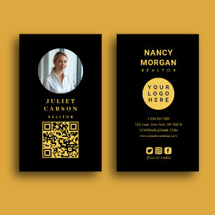 Cartão De Visita Logotipo Código Qr Corretor Foto Preto E Dourado