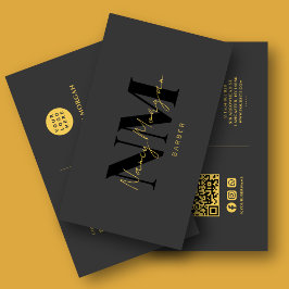 Cartão De Visita Logotipo Código QR Monograma Preto Dourado Barber