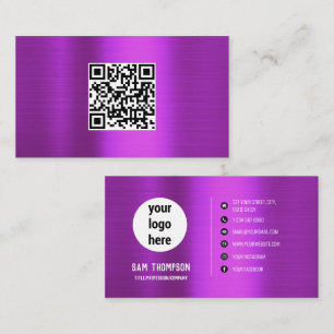 Cartão De Visita Logotipo comercial do Código QR Roxo Metálico Brut