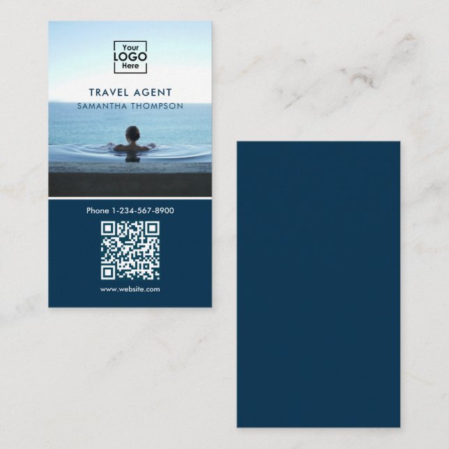 Cartão De Visita Logotipo comercial Foto QR Código moderno azul (Frente/Verso)