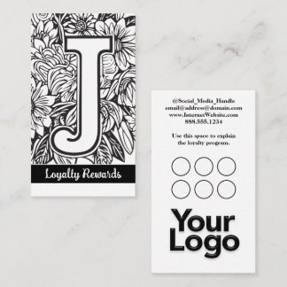 Cartão De Visita Logotipo da empresa J Floral Black and White, mono