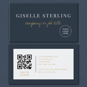 Cartão De Visita Logotipo da Empresa QR Code Minimalista Azul Marin