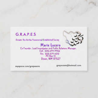Cartão De Visita Logotipo das UVAS, Marie Lucero, caixa postal 111,