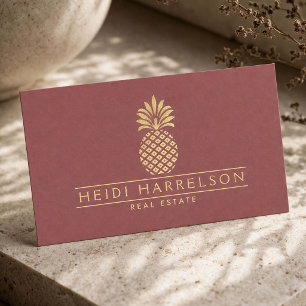Cartão De Visita Logotipo de Abacaxi Dourado Elegante em Vermelho E