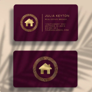 Cartão De Visita Logotipo de Casa de Imóveis Burgundy Dourado Arred