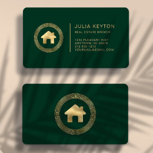 Cartão De Visita Logotipo de Casa de Imóveis Verde Dourado Arredond