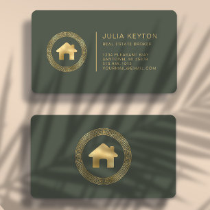 Cartão De Visita Logotipo de Casa de Imóveis Verde Sage Dourado Arr