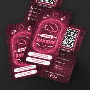Cartão De Visita Logotipo de Chapéu de Chef de Padaria Neon Rosa Mo