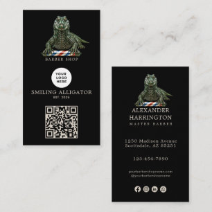 Cartão De Visita Logotipo de Código Qr da Barbearia Emerald Alligat