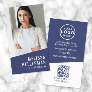 Cartão De Visita Logotipo de Código QR de Foto Contemporâneo Azul-M