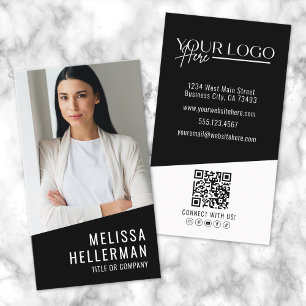 Cartão De Visita Logotipo de Código QR de Foto Contemporâneo Preto 