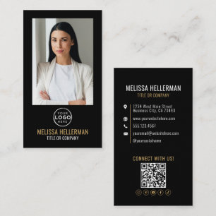 Cartão De Visita Logotipo de Código QR de Foto Minimalista Ouro Pre