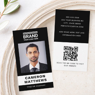 Cartão De Visita Logotipo de código QR de foto preto e branco moder