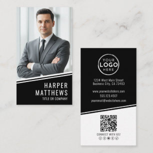 Cartão De Visita Logotipo de Código QR de Foto Preto Vertical