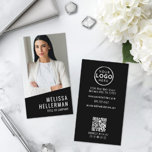 Cartão De Visita Logotipo de Código QR de Foto Preto Vertical