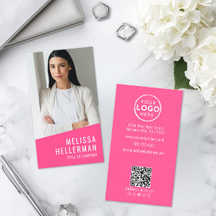 Cartão De Visita Logotipo de Código QR de Foto Rosa Vertical