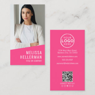 Cartão De Visita Logotipo de Código QR de Foto Rosa Vertical