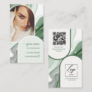 Cartão De Visita Logotipo de código qr de foto verde sage de escrit