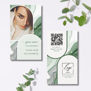 Cartão De Visita Logotipo de código qr de foto verde sage de escrit