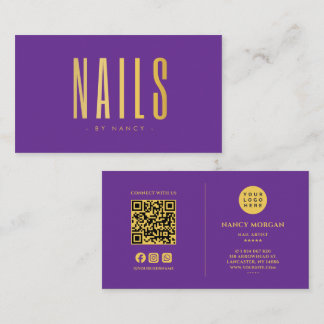 Cartão De Visita Logotipo de Código QR de Salão de Unhas Roxo e Dou