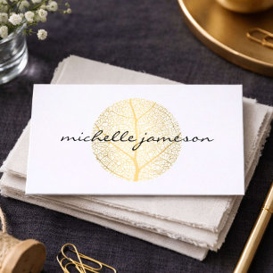 Cartão De Visita Logotipo de Folha de Ouro Elegante em Branco