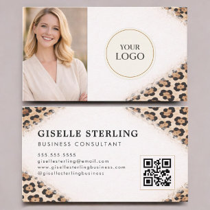 Cartão De Visita Logotipo de Foto Código QR com Estampa de Leopardo