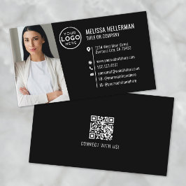 Cartão De Visita Logotipo de Foto com Código QR Preto Moderno Profi