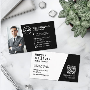 Cartão De Visita Logotipo de Foto com QR Code de Profissional Negro