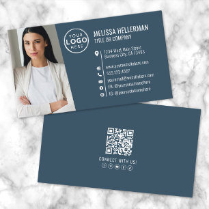 Cartão De Visita Logotipo de Foto do Código QR Profissional Azul Mo