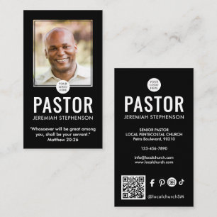 Cartão De Visita Logotipo de foto preto moderno QR da Igreja Pastor