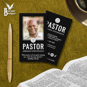 Cartão De Visita Logotipo de foto preto moderno QR da Igreja Pastor