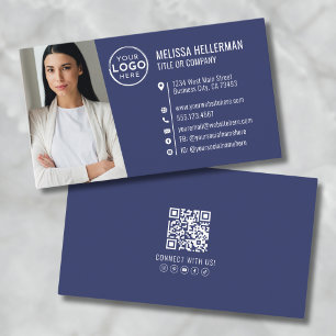 Cartão De Visita Logotipo de Foto QR Code Profissional Azul-Marinho