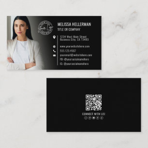 Cartão De Visita Logotipo de Foto QR Code Profissional Preto Modern