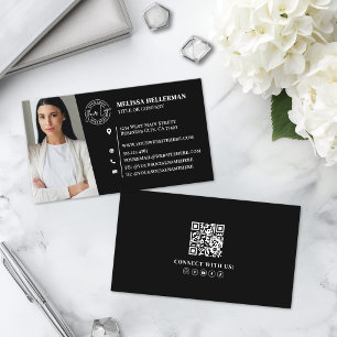 Cartão De Visita Logotipo de Foto QR Code Profissional Preto Modern