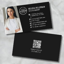 Cartão De Visita Logotipo de Foto QR Code Profissional Preto Modern