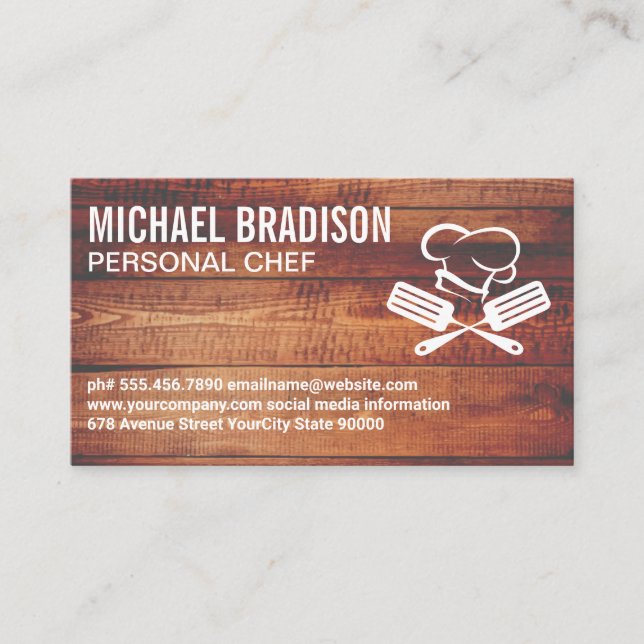 Cartão De Visita Logotipo de Hat Chef Spatula | Madeira (Frente)