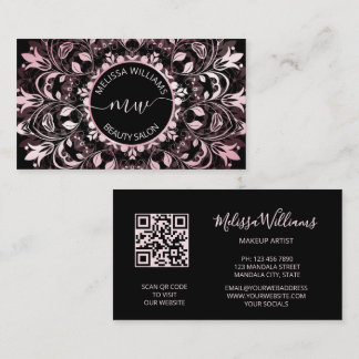 Cartão De Visita Logotipo de Mandala Preto Metálico Brilhante Rosa