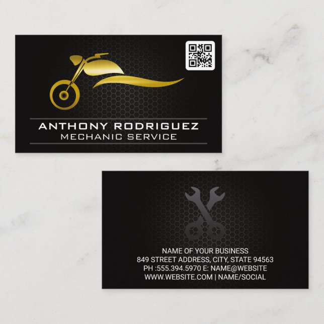 Cartão De Visita Logotipo de motocicleta Dourado | Código QR (Frente/Verso)