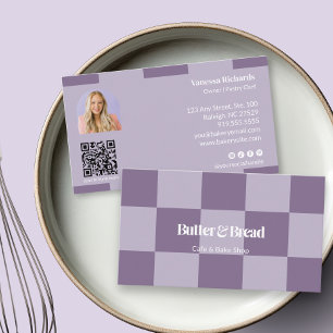 Cartão De Visita Logotipo de Padaria Chic Purple Xadrez QR Foto