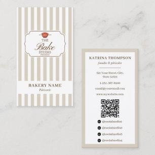 Cartão De Visita Logotipo de Padaria Listras Bege e Marrom Preppy C