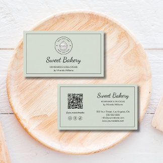 Cartão De Visita Logotipo de Padaria Moderna QR Mídia Social Verde