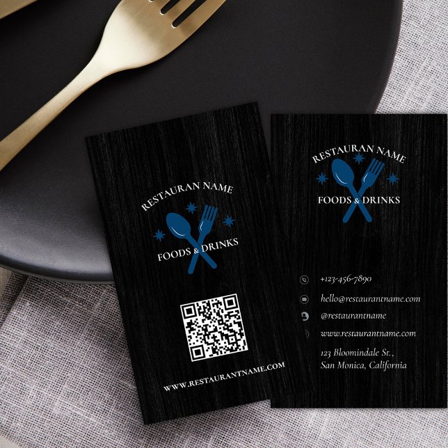 Cartão De Visita Logotipo de Restaurante Texturizado QRCode Persona (Custom QRCode Wood Textured Restaurant Logo Rustic Business Card)