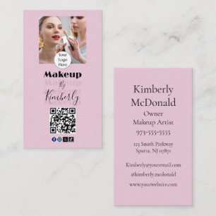 Cartão De Visita Logotipo de Roteiro Rosa Corado Código QR Foto Maq