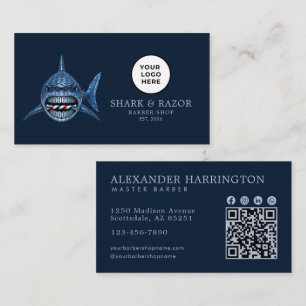 Cartão De Visita Logotipo de Tubarão de Aço da Barbearia Moderna Có